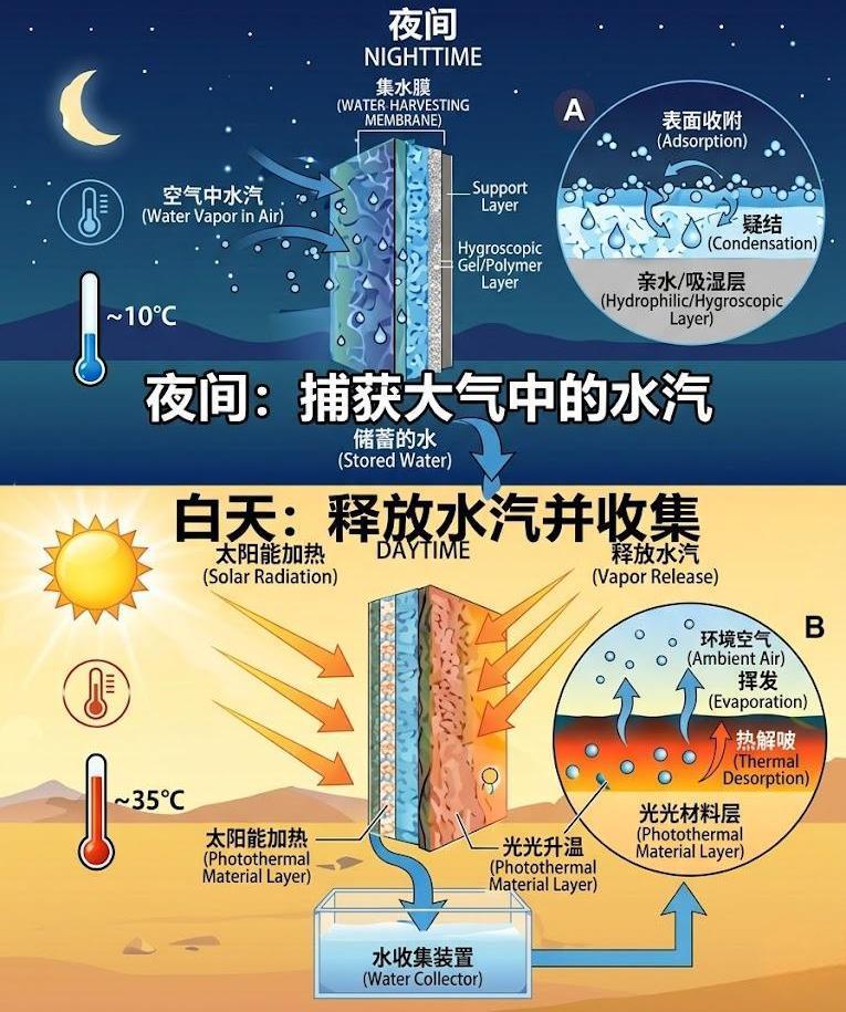 柠露集水膜夜间吸附空气水汽、日间太阳能加热释放并收集的工作过程图